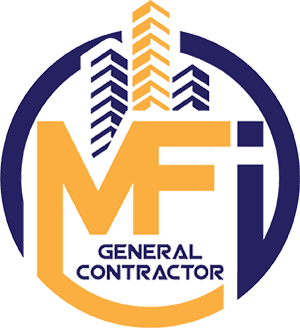 MFIGeneralContractor-02 Logo of MFi General Contractor featuring stylized yellow and blue letters with building silhouettes in the background.