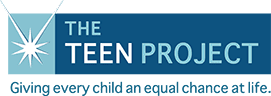 Logo of The Teen Project, featuring a stylized starburst design on the left and text reading "THE TEEN PROJECT" in a blue color scheme.