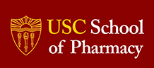 Logo of USC School of Pharmacy featuring a yellow emblem with torch designs on a red background.
